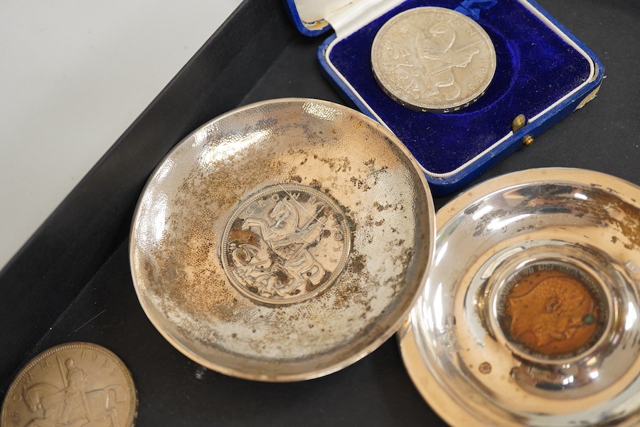 Four crowns together with other silver to include pin dishes, toddy ladle and a brush